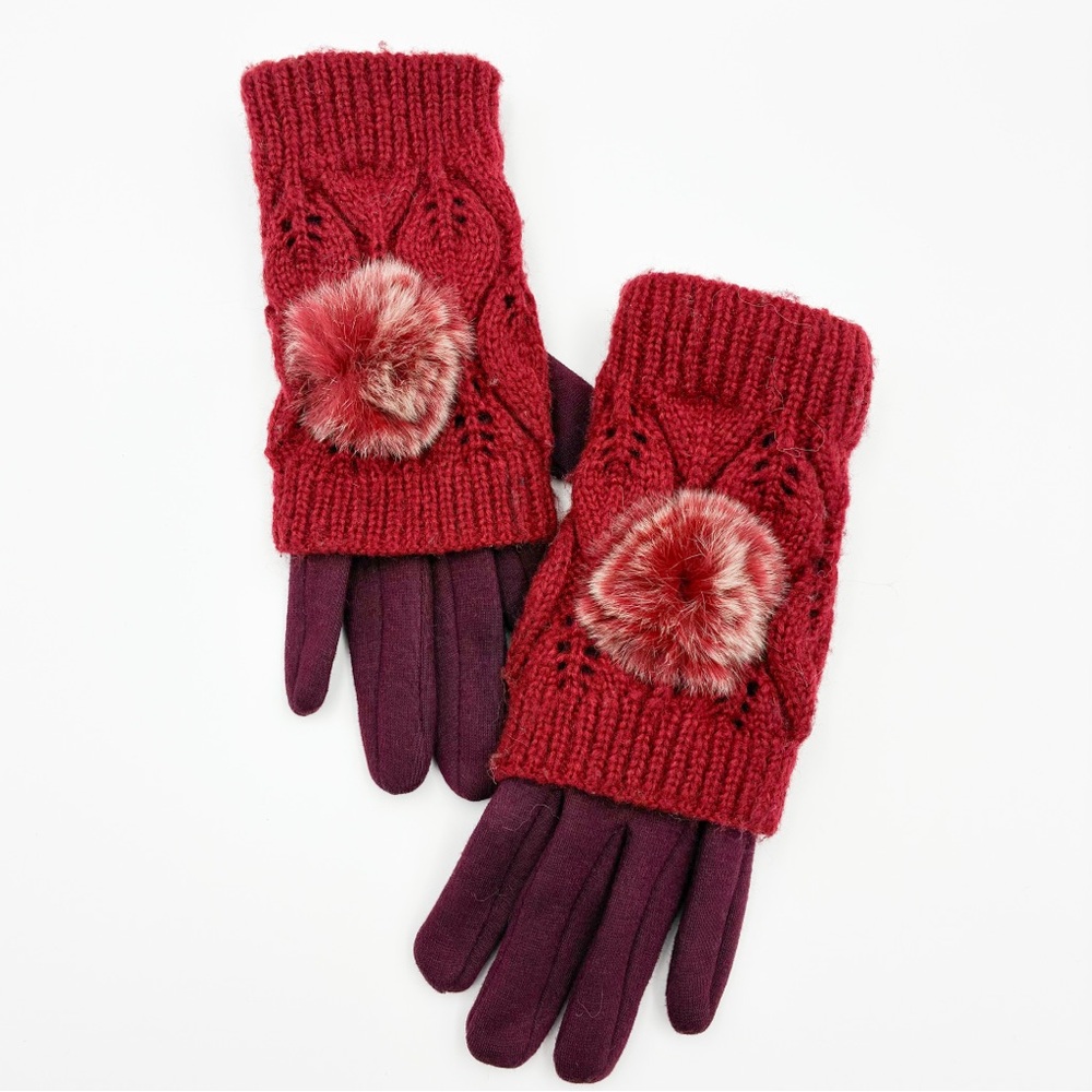 Elegant Red Wool Knit Gloves with Faux Fur Pom-Poms